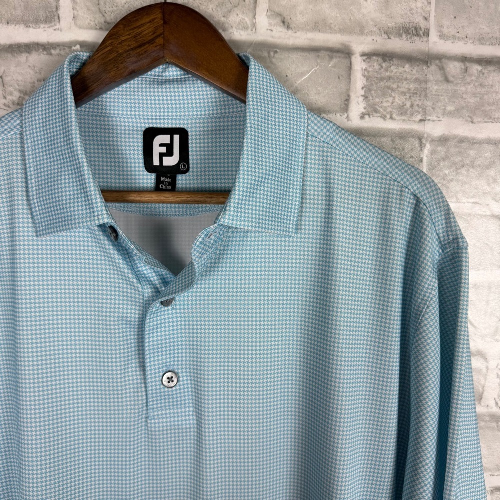 FootJoy Men Sky Blue White Houndstooth Golf Polo Shirt Size Large FJ Performance